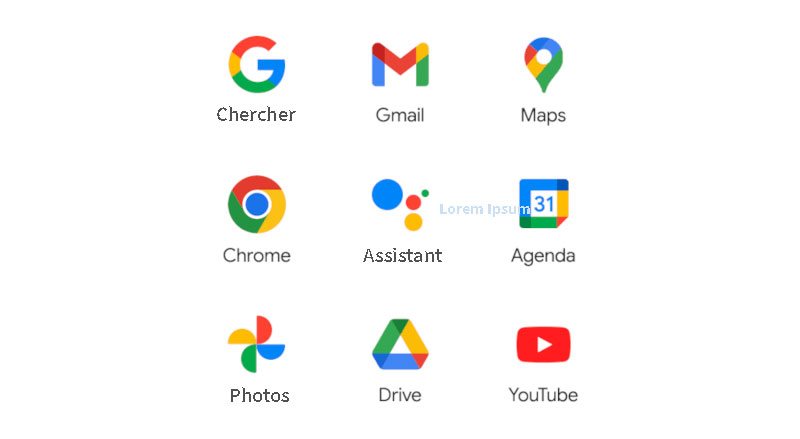 Icônes d'applications sur fond blanc : Chercher, Gmail, Maps, Chrome, Assistant, Agenda, Photos, Drive et YouTube.