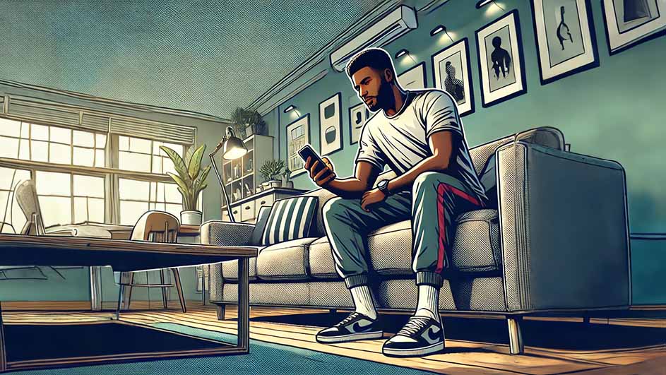 Salon avec canapé gris, table basse en bois et décorations murales. Une fenêtre apporte de la lumière naturelle.