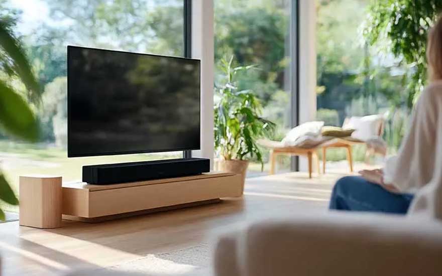 Een moderne tv met soundbar staat in een lichte kamer vol planten en grote ramen, terwijl iemand ontspannen toekijkt.