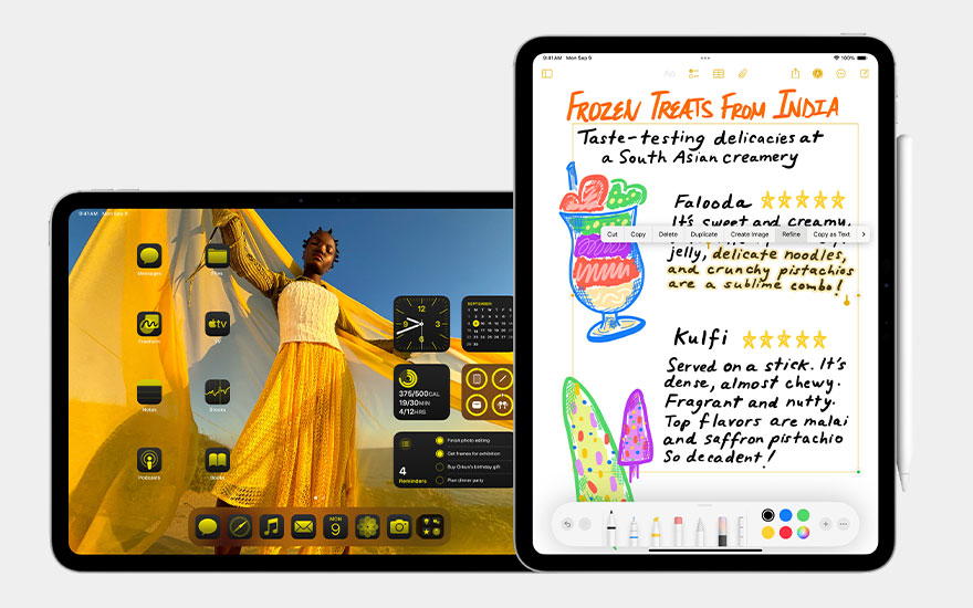 Two iPads display creative apps: left iPad with yellow background and various tools, right handwritten note about Indian desserts.