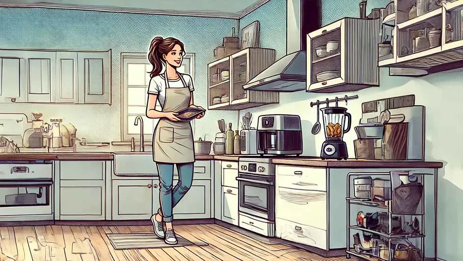 Keuken met witte kasten, houten vloer en aanrecht. Diverse apparaten en keukengerei zijn zichtbaar.