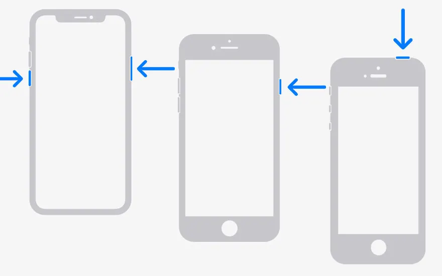 Drie grijze telefoons met blauwe pijlen die knoppen aan de zijkant en bovenkant aanwijzen op een witte achtergrond.