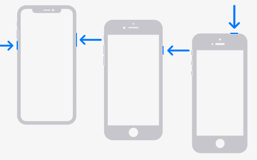 Trois schémas de téléphones gris sur fond blanc avec des flèches bleues indiquant l'emplacement des boutons.