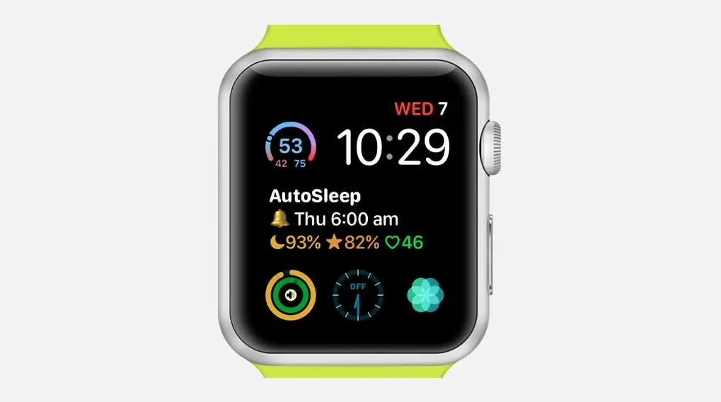 Zilveren Apple Watch met een heldergeel bandje en een zwarte wijzerplaat die 10:29 toont. De achtergrond is effen wit.