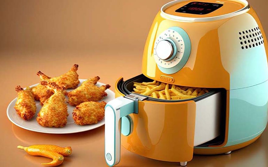 Friteuse orange et turquoise avec frites, poulet frit sur assiette blanche et deux carottes sur une surface marron.