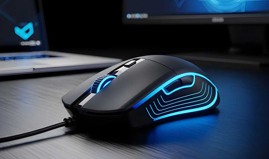 Een zwarte gamingmuis met blauwe verlichting staat op een bureau, met laptop en monitor wazig zichtbaar op de achtergrond.