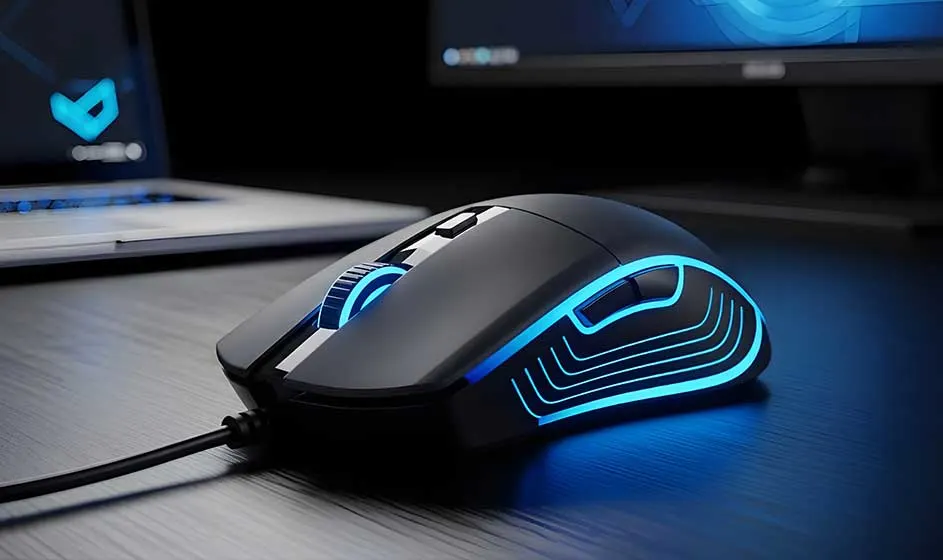 Een zwarte gamingmuis met blauwe verlichting staat op een bureau, met laptop en monitor wazig zichtbaar op de achtergrond.