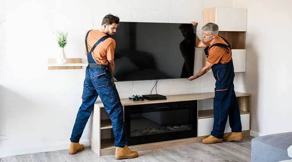 Deux hommes en salopette bleue installent un téléviseur noir sur un meuble TV beige avec une cheminée noire.