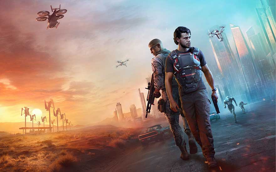 Une affiche promotionnelle pour un jeu vidéo de science-fiction avec deux personnages armés dans un paysage post-apocalyptique. Un coucher de soleil, des drones volants et des bâtiments futuristes créent une atmosphère dramatique.