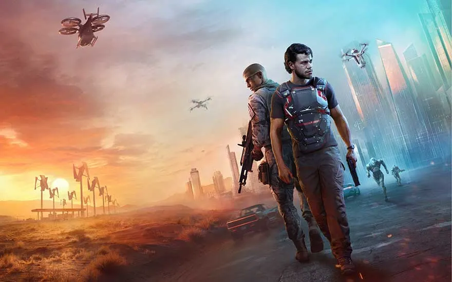 Une affiche promotionnelle pour un jeu vidéo de science-fiction avec deux personnages armés dans un paysage post-apocalyptique. Un coucher de soleil, des drones volants et des bâtiments futuristes créent une atmosphère dramatique.