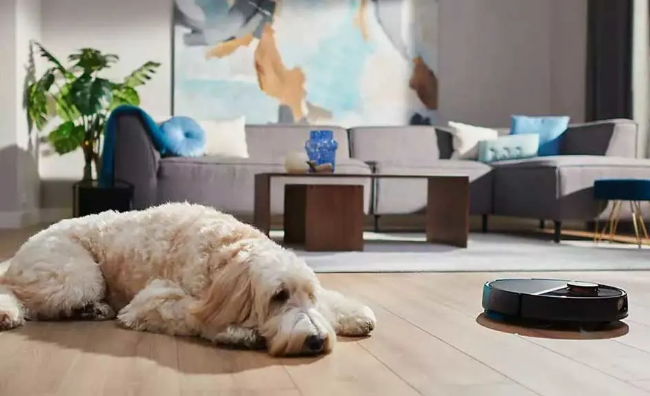Op een houten vloer ligt een hond, naast een zwarte robotstofzuiger. Achtergrond: bank, tafel en planten.