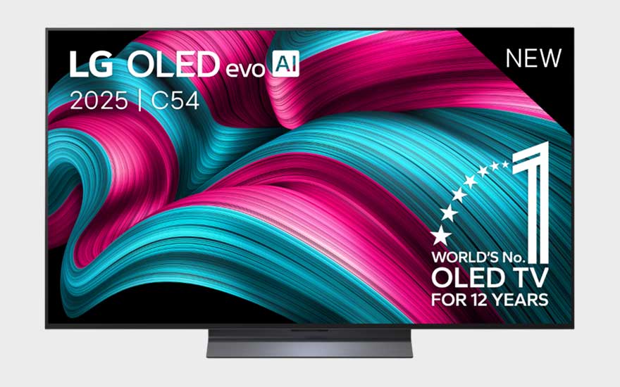 Een LG OLED evo-tv toont kleurrijke golvende vormen met reclame voor het nieuwe 2025 C54-model op het scherm.