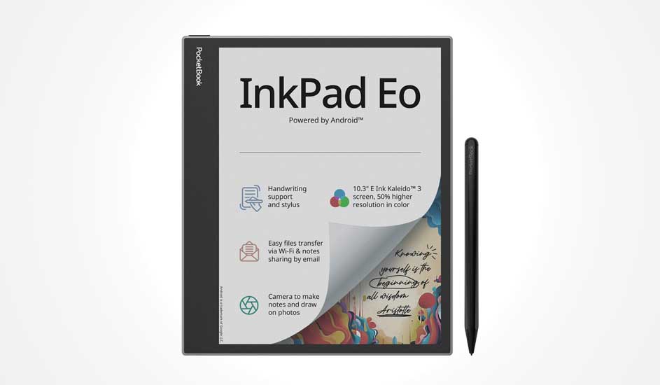 Une liseuse PocketBook à grand écran couleur affiche "InkPad Eo" et est accompagnée d’un stylet noir posé à côté.