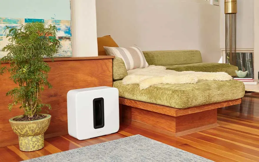 Woonkamer met houten vloer, groene sofa, plant in pot, witte speaker en een blauw tapijt.