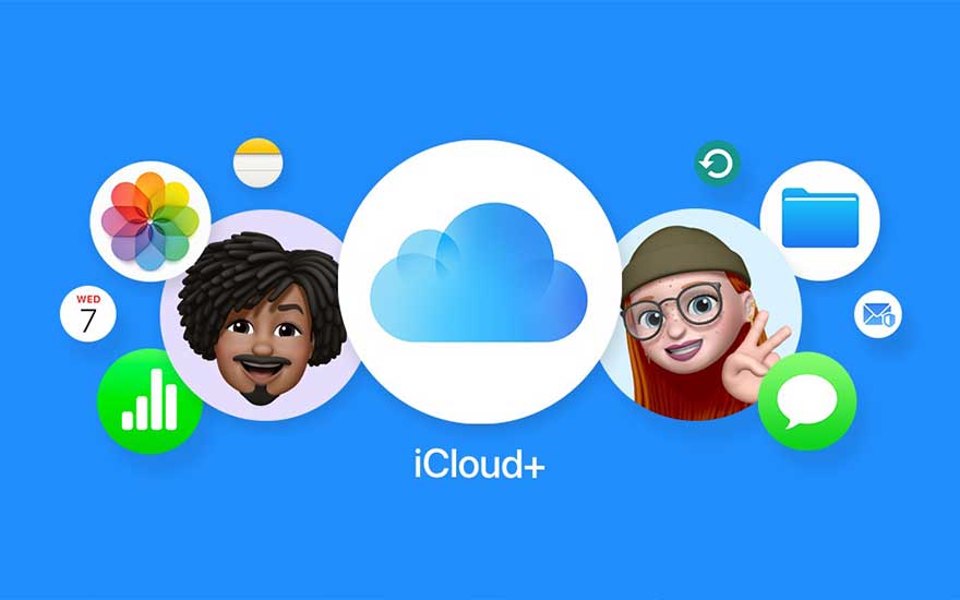 Image numérique iCloud+ sur fond bleu, avec nuage blanc, icônes d'applications et cercles décoratifs.