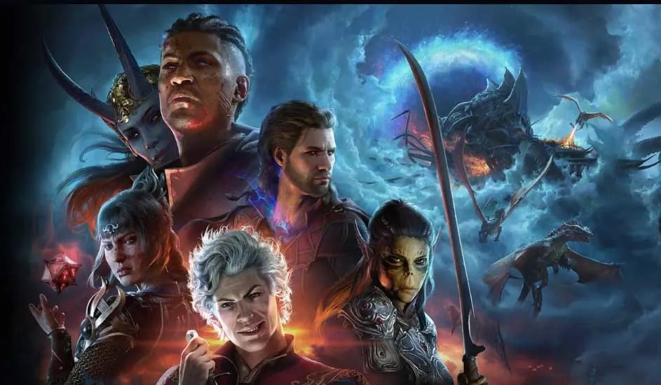 Five fantasy heroes stand together with weapons and magic against a dramatic sky featuring flying dragons and mystical blue clouds.