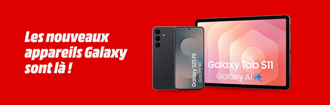 Fond rouge avec slogan. Un smartphone Galaxy S25 FE et une tablette Galaxy Tab S11 avec Galaxy AI, annonçant l’arrivée des nouveaux Galaxy.