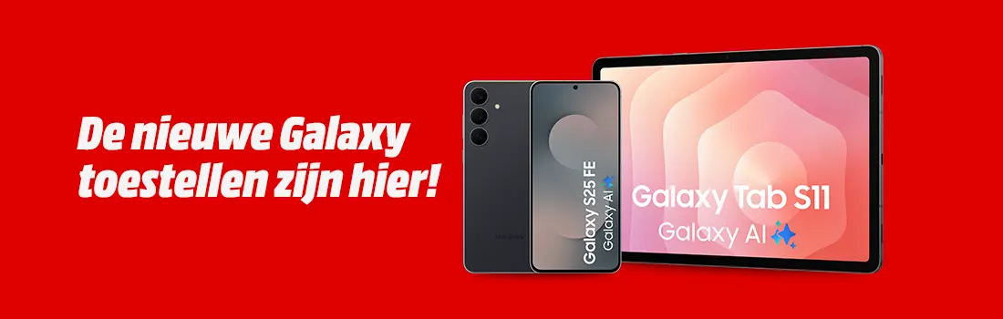 Rode achtergrond met slogan. Een Galaxy S25 FE smartphone en een Galaxy Tab S11 met Galaxy AI worden getoond: de nieuwe Galaxy toestellen.
