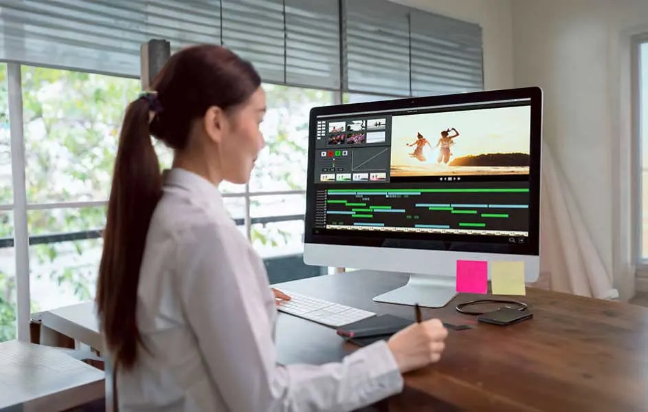 Une personne travaille sur un ordinateur avec un logiciel de montage vidéo. Des notes adhésives sont sur le bureau en bois.