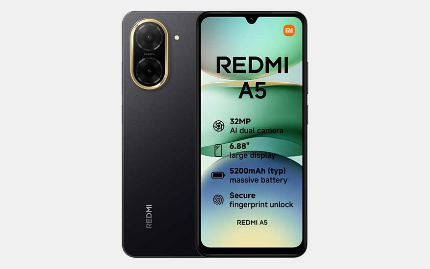 De Xiaomi Redmi A5 smartphone in het zwart toont specificaties op het scherm, met twee opvallende camera’s aan de achterkant.