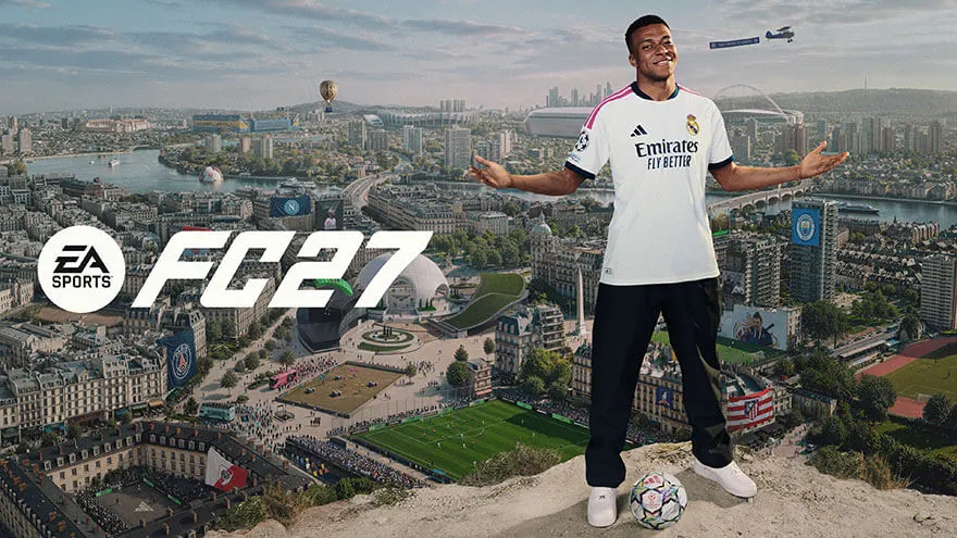 Visuel promotionnel EA Sports FC 27 montrant un footballeur en maillot blanc debout sur un point de vue au-dessus d’une grande ville.