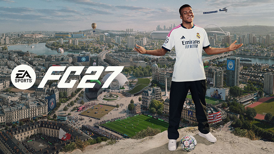 EA Sports FC 27-promobeeld met een voetballer in een wit shirt op een uitkijkpunt boven een grote stad.