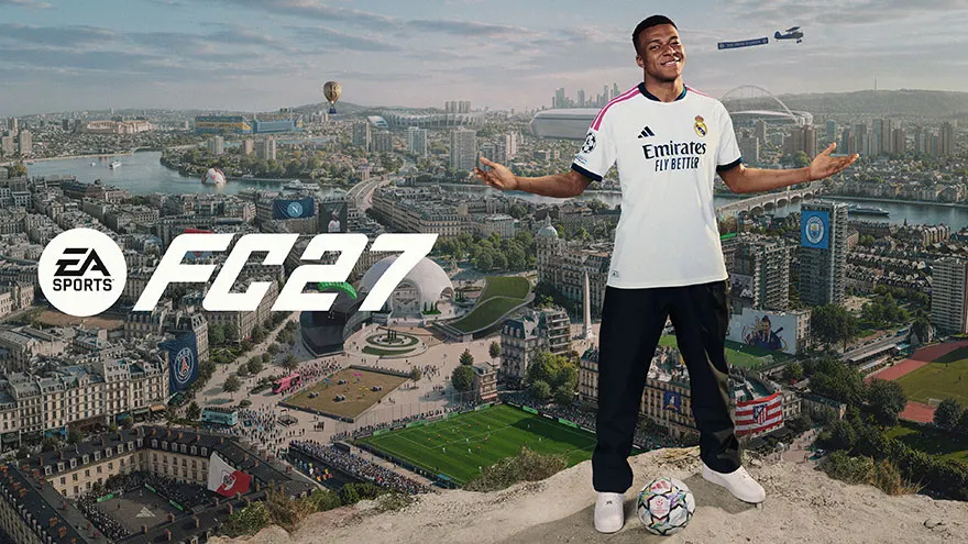 EA Sports FC 27-promobeeld met een voetballer in een wit shirt op een uitkijkpunt boven een grote stad.