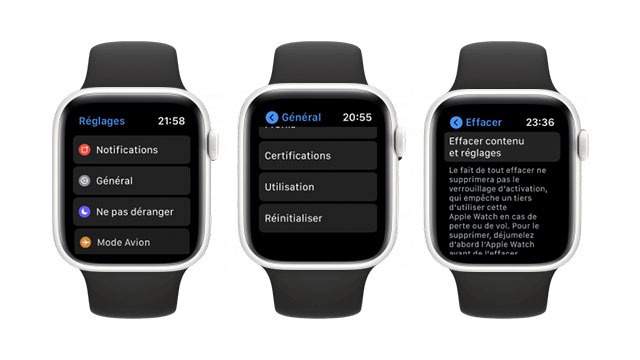 Trois montres Apple affichent des réglages : Notifications, Général, Utilisation et Effacer contenu et réglages.