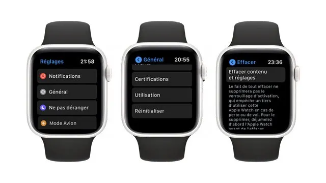 Trois montres Apple affichent des réglages : Notifications, Général, Utilisation et Effacer contenu et réglages.