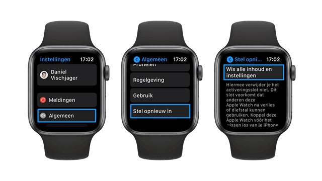 Drie Apple Watches tonen instellingen: Algemeen, Regelgeving, Gebruik en Stel opnieuw in. Wis alle inhoud en instellingen.