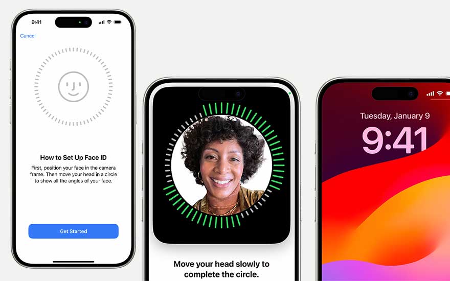 Trois écrans de smartphone affichent la configuration de Face ID, l'heure et la date.