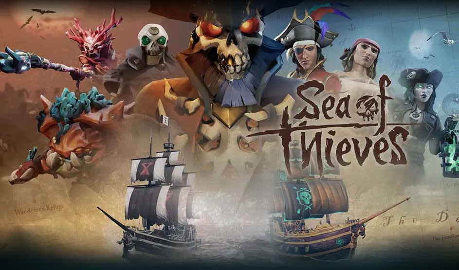Grote schedel, piraten, kleurrijke zeewezens en schepen op zee met een avontuurlijke sfeer. Merk: Sea of Thieves.
