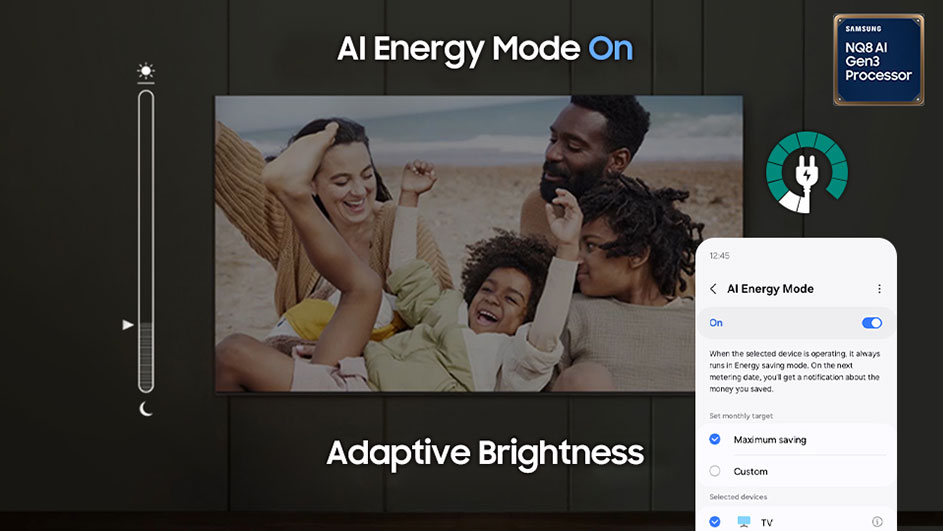Een Samsung tv-scherm toont de "AI Energy Mode" met adaptieve helderheid en energiebesparende functies.