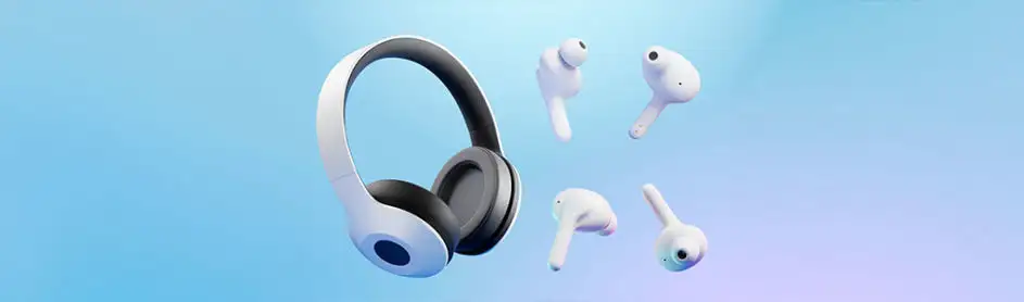 Casque blanc et gris, et quatre oreillettes blanches, flottant sur un fond bleu dégradé.