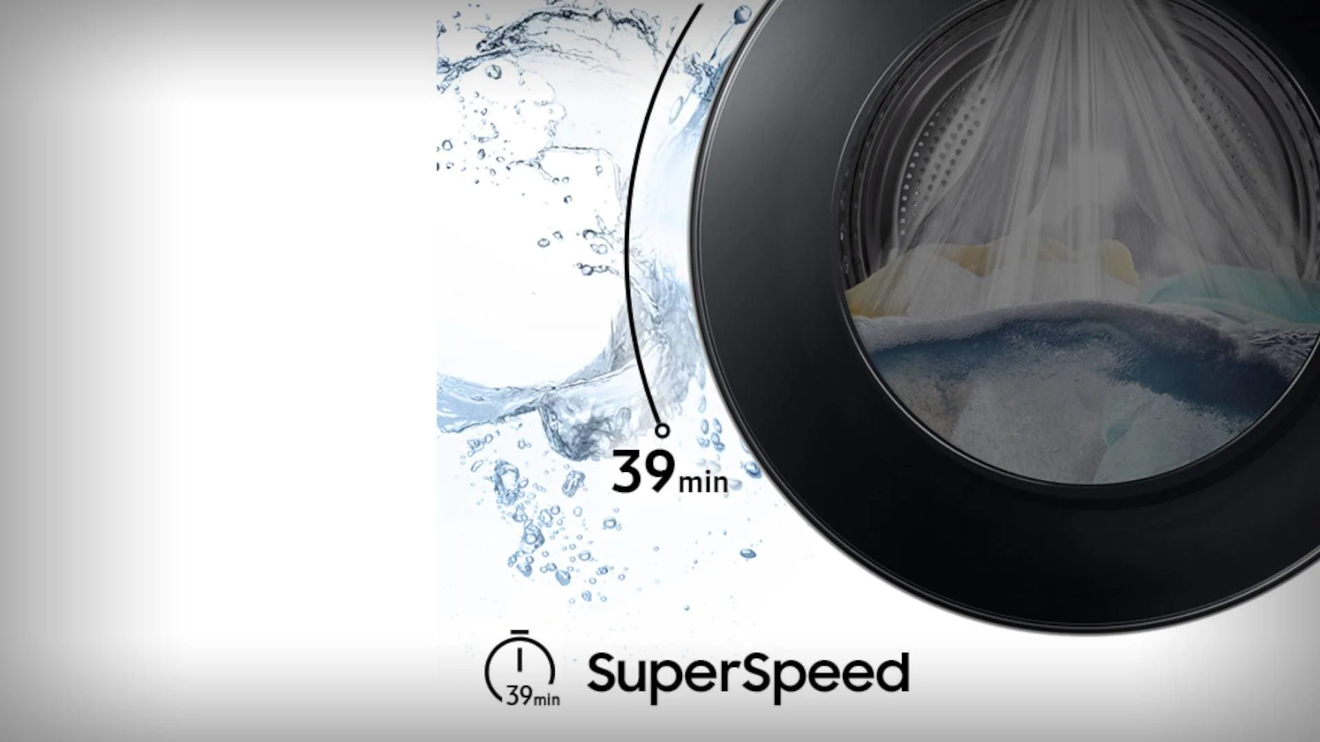 Close-up van een wasmachinedeur met water en kleding, met een tijdsaanduiding van 39 minuten en de tekst “SuperSpeed”.
