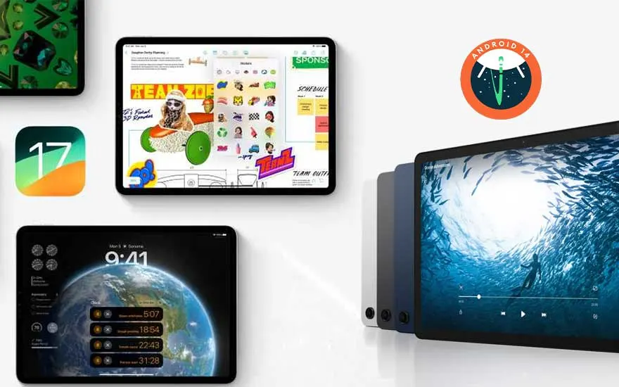 Diverses tablettes affichent des écrans variés : icônes d'applications, fond d'écran de la Terre et poissons nageant dans l'eau.