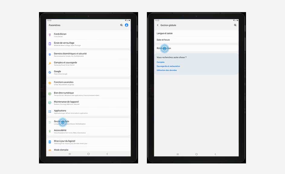Deux tablettes noires affichent des paramètres sur un fond blanc. L'écran gauche montre des options comme "Fond d'écran". L'écran droit affiche "Gestion globale".