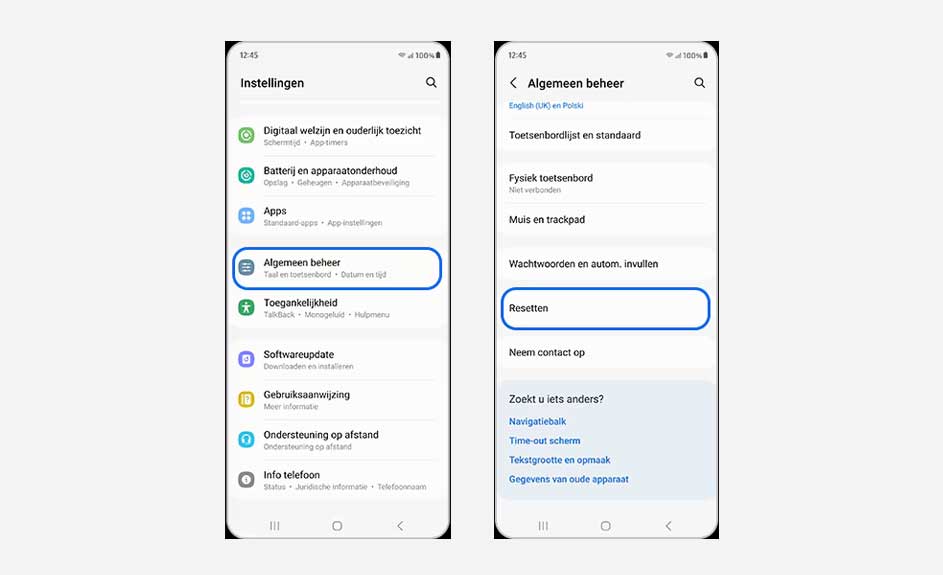 Twee telefoonschermen tonen 'Instellingen' en 'Algemeen beheer' met opties zoals 'Resetten' en 'Software update'.