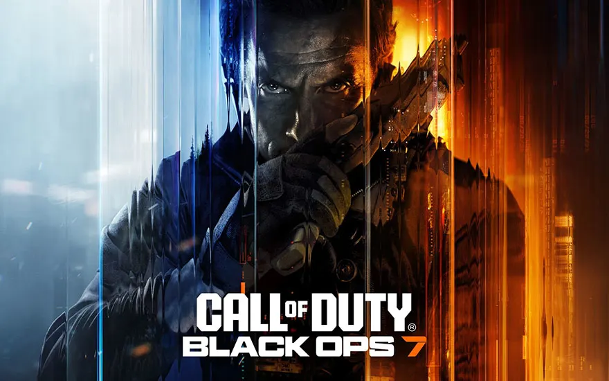 Call of Duty Black Ops 7 logo met dramatische soldaat in centrum, omgeven door blauwe ijspegels links en oranje vlammen rechts in epische stijl.