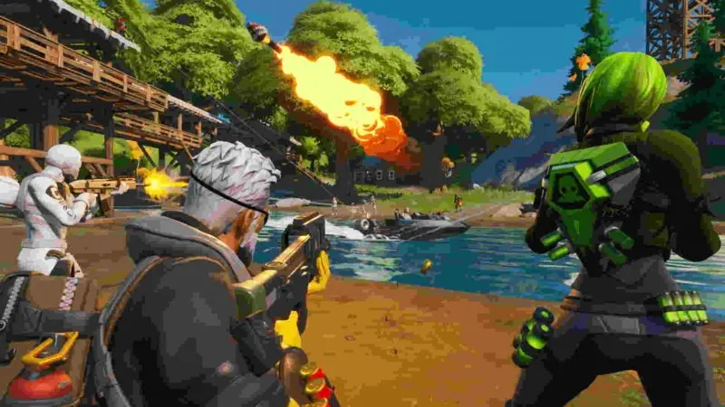 A game scene shows characters with weapons. One fires at a boat on water, amidst trees and a wooden structure. Another character is facing away.