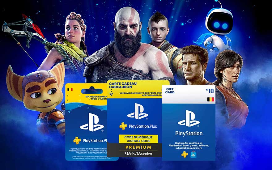 Image promotionnelle de cartes cadeaux PlayStation avec des personnages de jeux vidéo sur fond bleu.