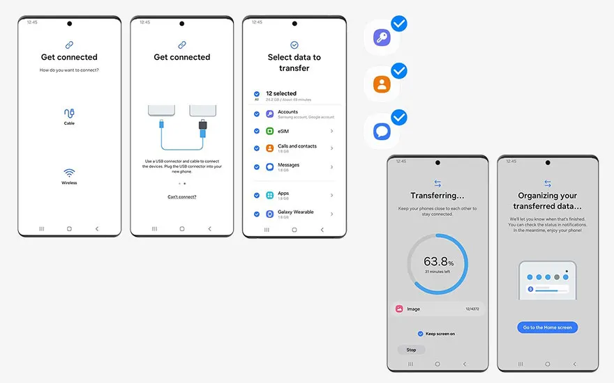 Suite de captures d'écran de smartphone illustrant le transfert de données, avec des menus et des barres de progression.