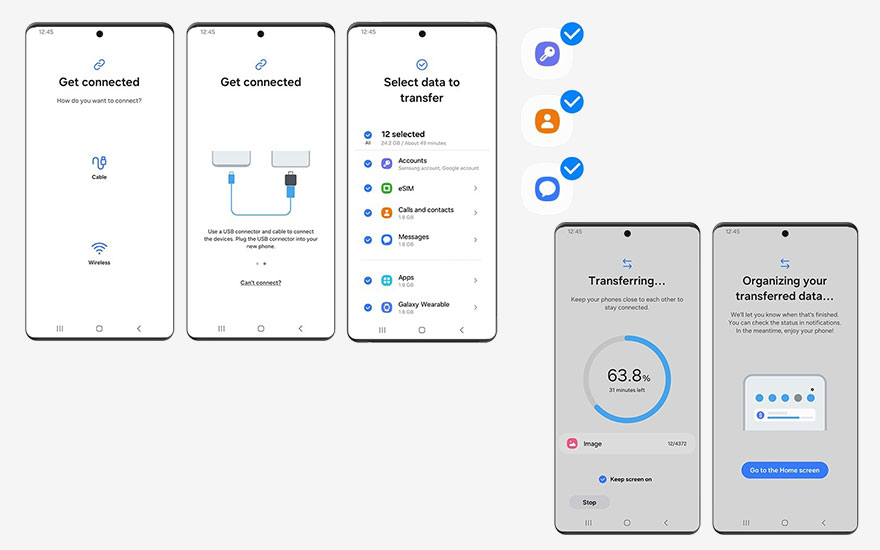 Zeven smartphone schermen tonen een proces van gegevens overdracht, van verbinding maken tot organiseren, in een lichte interface.