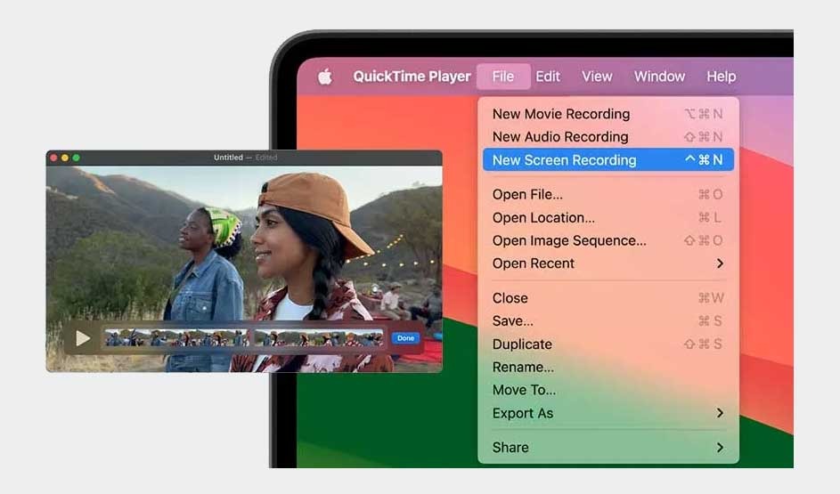 An Apple Mac shows QuickTime Player’s File menu with “New Screen Recording” highlighted, plus a small video editing window beside it.