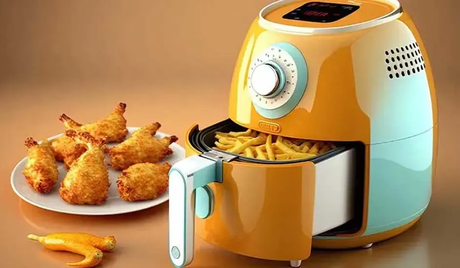 A yellow air fryer with chips in the drawer stands beside a plate of crispy chicken drumsticks on a warm plain background.