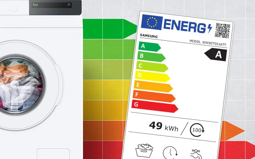 Wasmachine met energielabel. Label toont een A-classificatie, 49 kWh/100 cycli. Kleuren van groen naar rood geven efficiëntie aan.