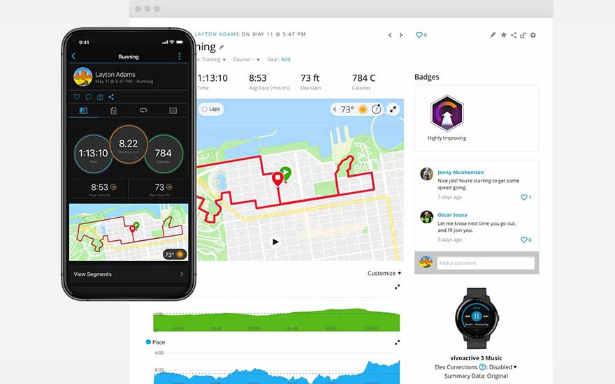 Een scherm toont een hardloop-app met gegevens zoals tijd (1:13:10), afstand (8.22), en calorieën (784), plus een kaart van de route.
