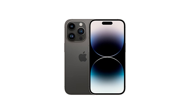 Un iPhone gris avec trois objectifs de caméra à l'arrière et un écran affichant un motif circulaire bleu et blanc.