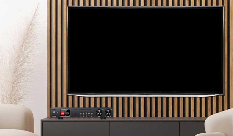 Écran noir sur mur à lattes boisées, meubles gris avec appareils audio, décor pampa à gauche.