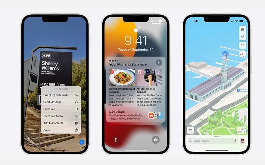 Trois iPhones affichent des écrans : détails de contact, notifications et une carte avec un bâtiment. Couleurs prédominantes : bleu, blanc et jaune.